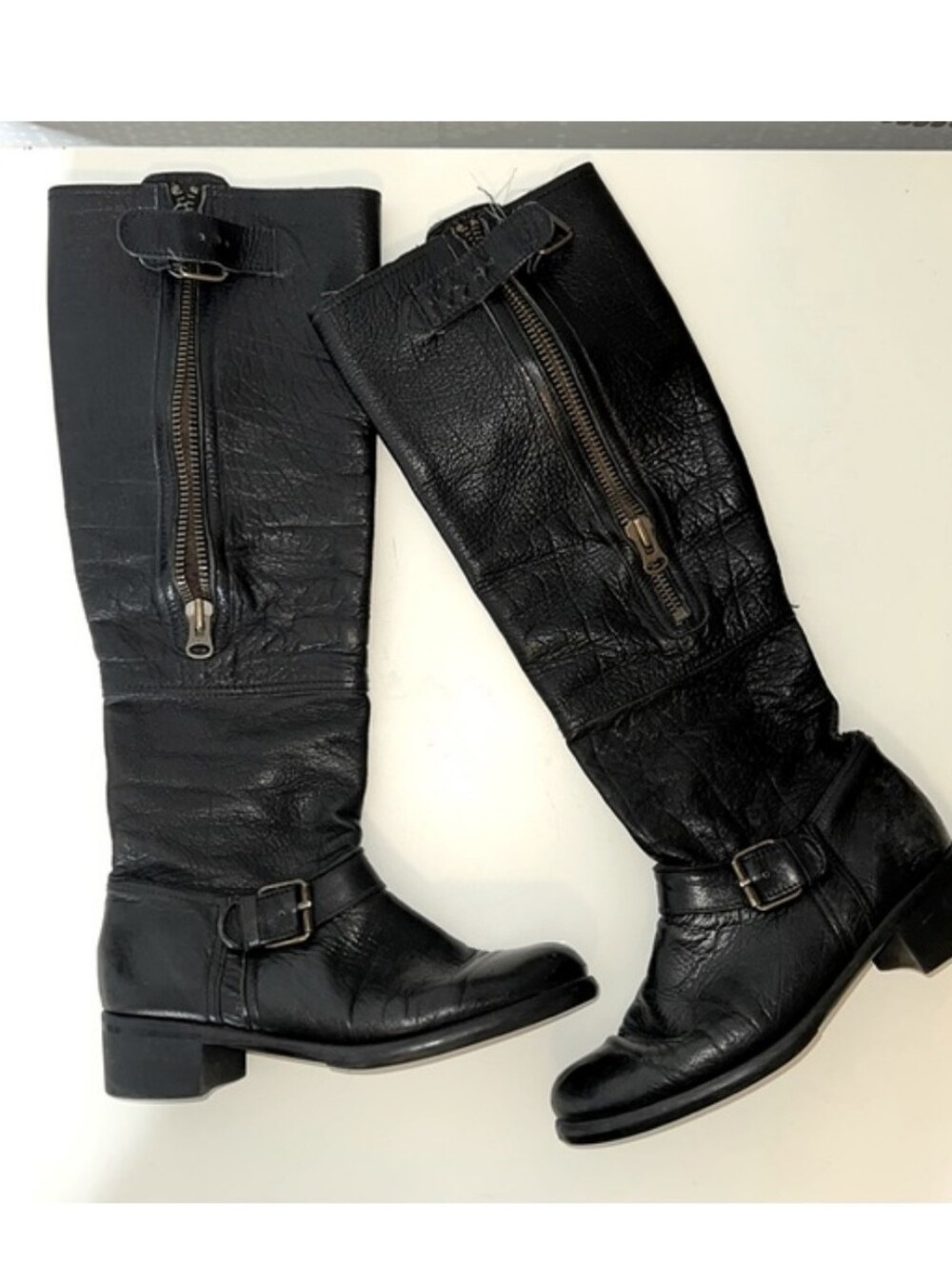 Vintage Anthropologie Black Leather Tall Moto Riding Boots Buckle Zip